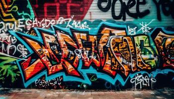 levendig graffiti muurschildering verlicht verweerd stad muur chaos gegenereerd door ai foto