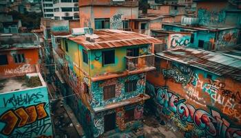 vuil sloppenwijk gebouw, chaotisch stad leven buitenshuis gegenereerd door ai foto
