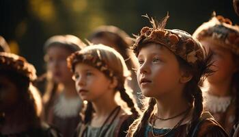 groep van kinderen spelen buitenshuis, zuiver geluk gegenereerd door ai foto