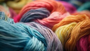 levendig kleuren van wol spoelen in arrangement gegenereerd door ai foto