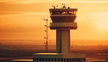 silhouet van vliegtuig in oranje zonsondergang lucht gegenereerd door ai foto