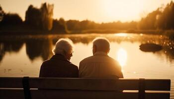 senior paar genieten van zonsondergang samen door de water gegenereerd door ai foto