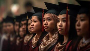 glimlachen jong Dames in diploma uitreiking jurken vieren succes gegenereerd door ai foto
