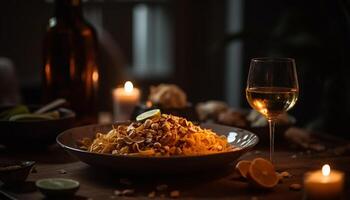 luxe maaltijd Aan rustiek hout tafel met wijn gegenereerd door ai foto