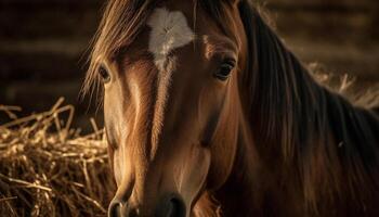 mooi baai paard begrazing in rustig weide gegenereerd door ai foto