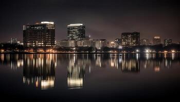 verlichte stadsgezicht weerspiegelt Aan rustig waterkant vijver gegenereerd door ai foto