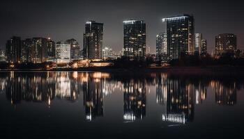 gloeiend stadsgezicht weerspiegelt Aan rustig waterkant vijver gegenereerd door ai foto