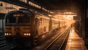 metro trein snelheden door verlichte stadsgezicht Bij nacht gegenereerd door ai foto