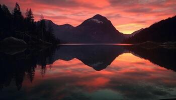 majestueus berg reeks weerspiegelt rustig zonsondergang schoonheid gegenereerd door ai foto