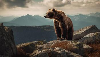 majestueus zoogdier staand Aan berg piek, rustig tafereel gegenereerd door ai foto