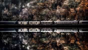 passagier trein Aan spoorweg spoor, wazig beweging gegenereerd door ai foto