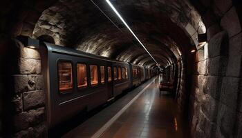 wazig beweging, verdwijnen punt, ondergronds metro trein gegenereerd door ai foto