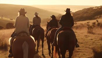 silhouet van te paard rijden mannen Bij zonsondergang gegenereerd door ai foto
