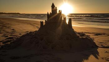 kind bouwt Zandkasteel Bij rustig wateren rand gegenereerd door ai foto