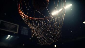 mannen spelen basketbal onder verlichte nacht verlichting uitrusting gegenereerd door ai foto