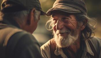 glimlachen senior mannen binding in landelijk avontuur gegenereerd door ai foto