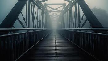 futuristische staal brug weerspiegelt rustig water Bij schemer gegenereerd door ai foto