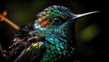 iriserend kolibrie neerstrijken Aan groen Afdeling buitenshuis gegenereerd door ai foto