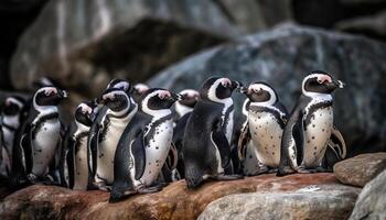 een schattig groep van klootzak pinguïns waggelen gegenereerd door ai foto