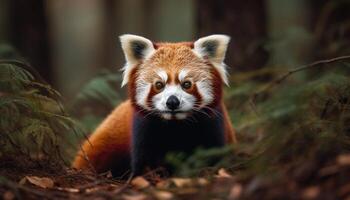 rood panda zittend Aan tak, staren Bij camera gegenereerd door ai foto