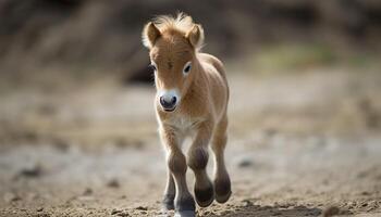 jong paard rennen in weide, speels gegenereerd door ai foto