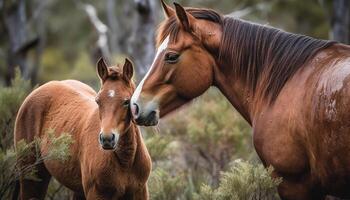 hengst en merrie grazen in landelijk weide gegenereerd door ai foto