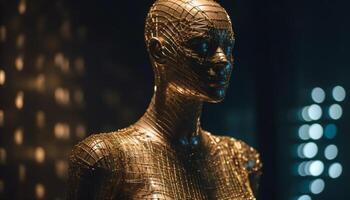 metalen cyborg standbeeld verlichte in futuristische blauw gegenereerd door ai foto