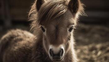 schattig veulen begrazing in landelijk weide weiland gegenereerd door ai foto