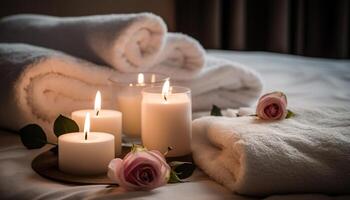 luxe spa behandeling kaarslicht, aromatherapie, masseren, bloemblaadje, ontspanning, welzijn gegenereerd door ai foto