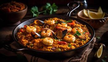 fijnproever zeevruchten paella gekookt met versheid en Spaans culturen gegenereerd door ai foto