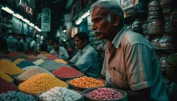 senior mannen verkoop fruit Bij nacht markt gegenereerd door ai foto