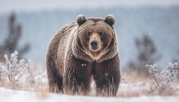 majestueus groot zoogdier wandelen in besneeuwd Woud generatief ai foto