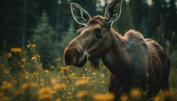 gehoornd koe begrazing in groen weide generatief ai foto