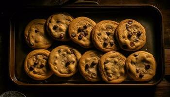 eigengemaakt chocola spaander koekjes Aan rustiek hout tafel gegenereerd door ai foto