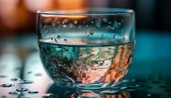 transparant glas weerspiegelt blauw vloeistof, vers en nat gegenereerd door ai foto