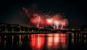 multi gekleurde vuurwerk verlichten stad horizon Bij nacht gegenereerd door ai foto