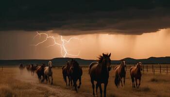 majestueus paard schaafwonden onder gloeiend wind turbine gegenereerd door ai foto