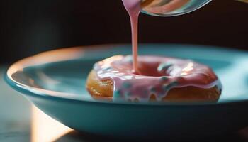 zoet donut met chocola suikerglazuur en aardbei saus gegenereerd door ai foto