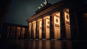 majestueus architectuur verlichte Bij nacht, van geschiedenis gegenereerd door ai foto