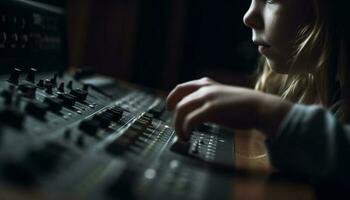 kind musicus spelen piano, menging geluid binnenshuis gegenereerd door ai foto