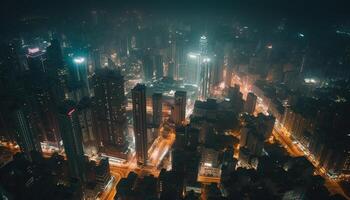 gloeiend wolkenkrabbers verlichten de druk stad nachtleven gegenereerd door ai foto