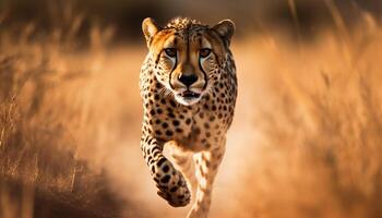 majestueus Jachtluipaard wandelen in Afrikaanse wildernis schoonheid gegenereerd door ai foto