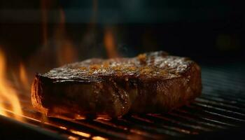 sappig entrecote steak gegrild over- gloeiend hout gegenereerd door ai foto