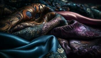 luxe zijde textiel met overladen multi gekleurde patroon gegenereerd door ai foto