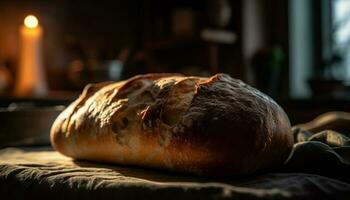 vers gebakken brood Aan rustiek houten tafel gegenereerd door ai foto