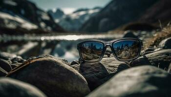 zonnebril reflecteren schoonheid in natuur, berg avontuur wacht gegenereerd door ai foto