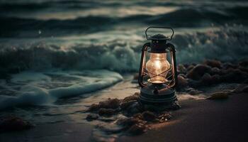 gloeiend lantaarn verlicht oud fashioned camping avontuur buitenshuis gegenereerd door ai foto
