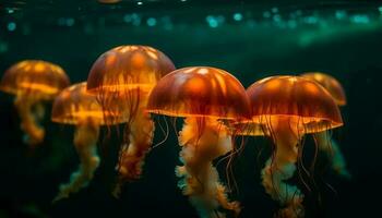 gloeiend cnidarian tentakels in donker onderwater- schoonheid gegenereerd door ai foto