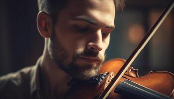 knap violist spelen met deskundige vaardigheid binnenshuis gegenereerd door ai foto