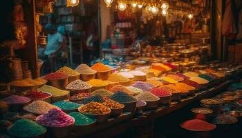levendig kleuren van specerijen verkocht in buitenshuis markt gegenereerd door ai foto